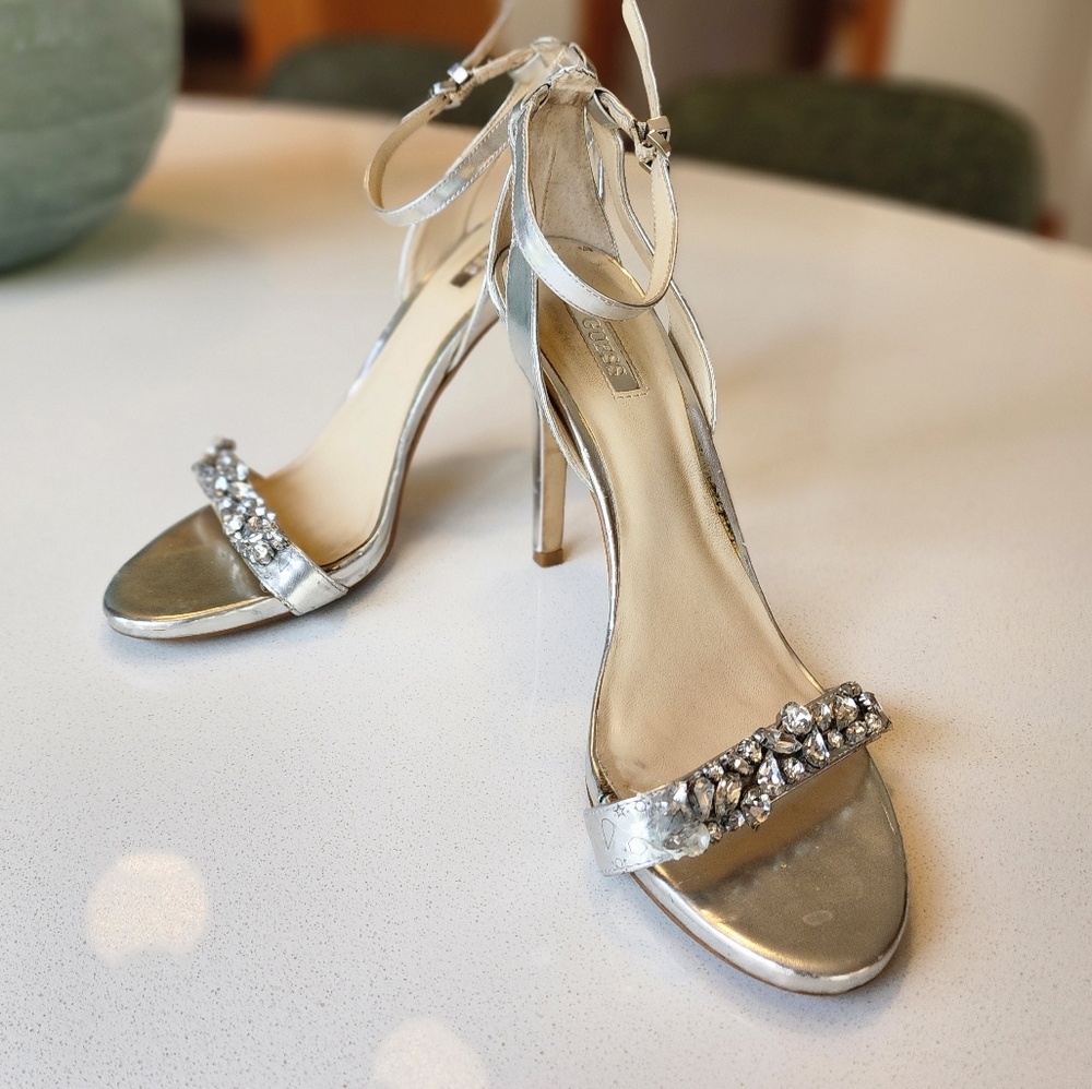 GUESS Silver Strappy Crystal Heels, Sz 9.5